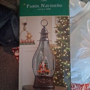 Holiday LED Lantern with Santa Scene - Green and Bronze